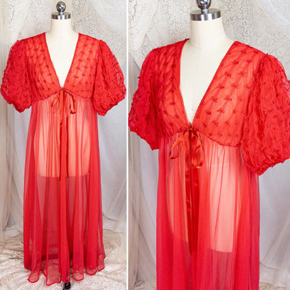 1960s Peignoir Robe - Sheer Rose Red Nylon Chiffon with Puffed Sleeves & Ribbon Bow Detail