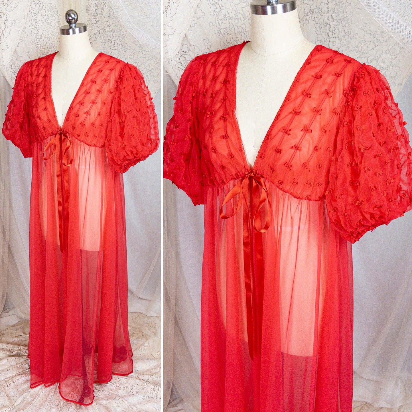 1960s Peignoir Robe - Sheer Rose Red Nylon Chiffon with Puffed Sleeves & Ribbon Bow Detail