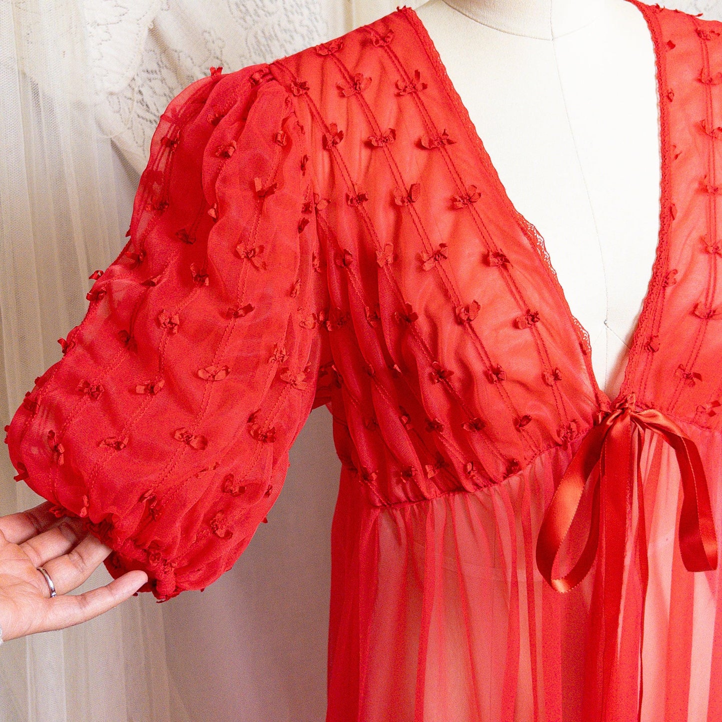 1960s Peignoir Robe - Sheer Rose Red Nylon Chiffon with Puffed Sleeves & Ribbon Bow Detail