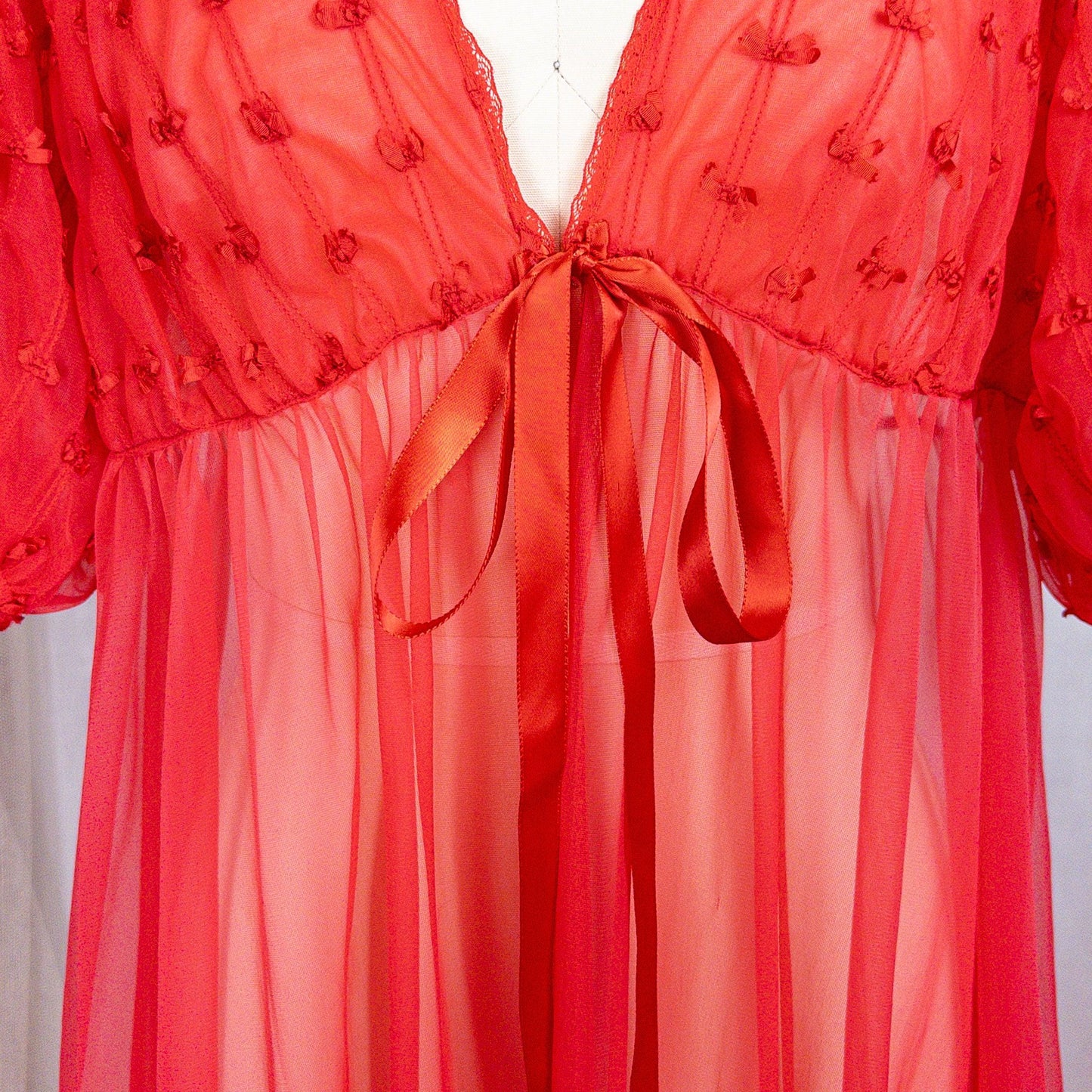 1960s Peignoir Robe - Sheer Rose Red Nylon Chiffon with Puffed Sleeves & Ribbon Bow Detail