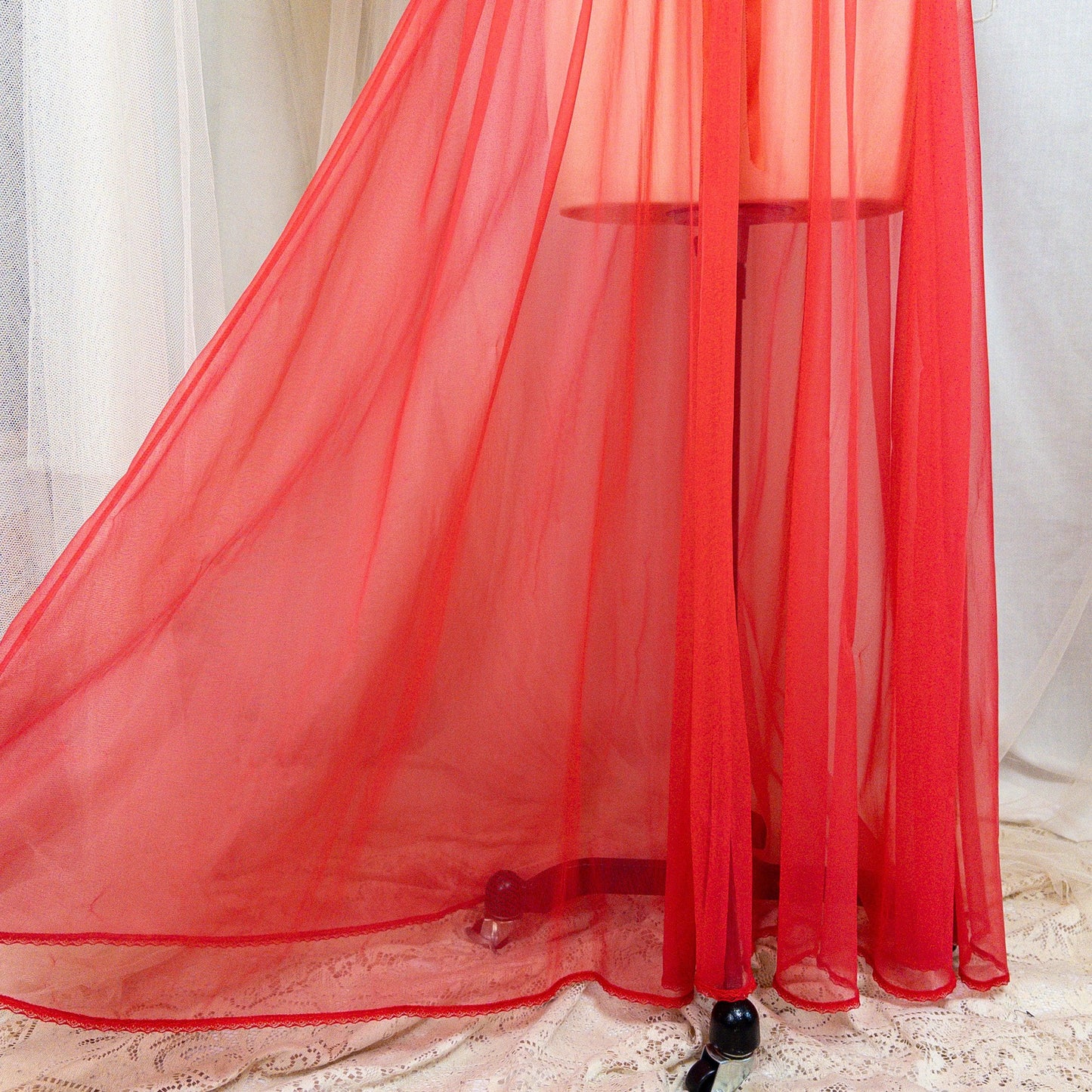1960s Peignoir Robe - Sheer Rose Red Nylon Chiffon with Puffed Sleeves & Ribbon Bow Detail