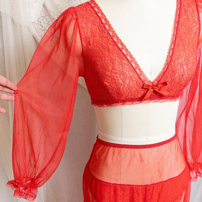 1960s Genie Lingerie Set - Sheer Candy Red Nylon with Lace Bodice & Harem Pants by Honeydreamers
