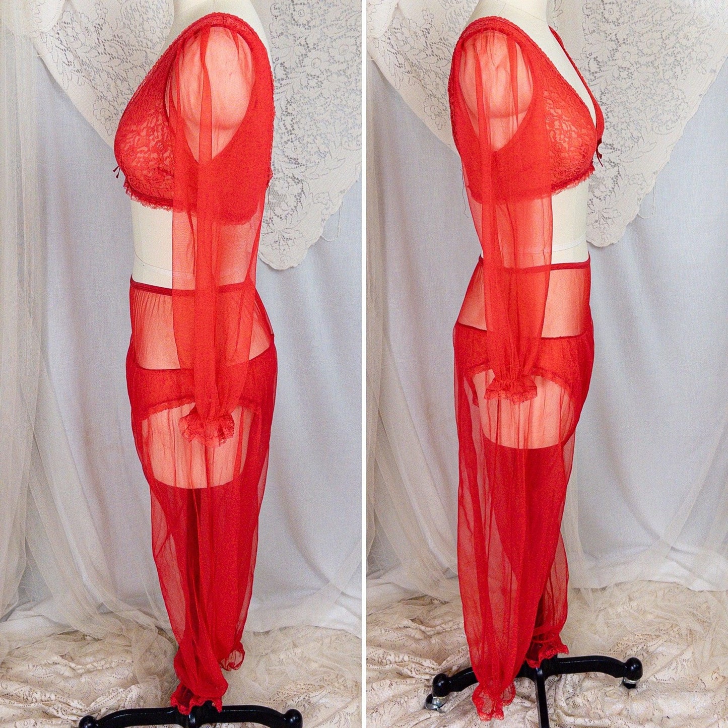 1960s Genie Lingerie Set - Sheer Candy Red Nylon with Lace Bodice & Harem Pants by Honeydreamers