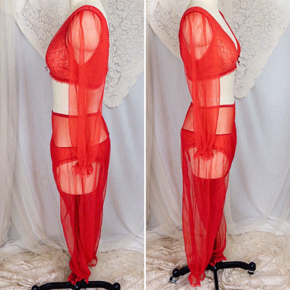1960s Genie Lingerie Set - Sheer Candy Red Nylon with Lace Bodice & Harem Pants by Honeydreamers