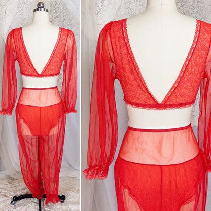 1960s Genie Lingerie Set - Sheer Candy Red Nylon with Lace Bodice & Harem Pants by Honeydreamers