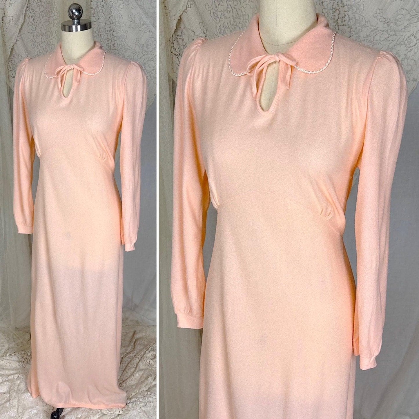1940's Nightgown - Palest Peach Brushed Rayon with Long Sleeves & Keyhole Neck by Gordon Forest Mills - Daggers & Dames