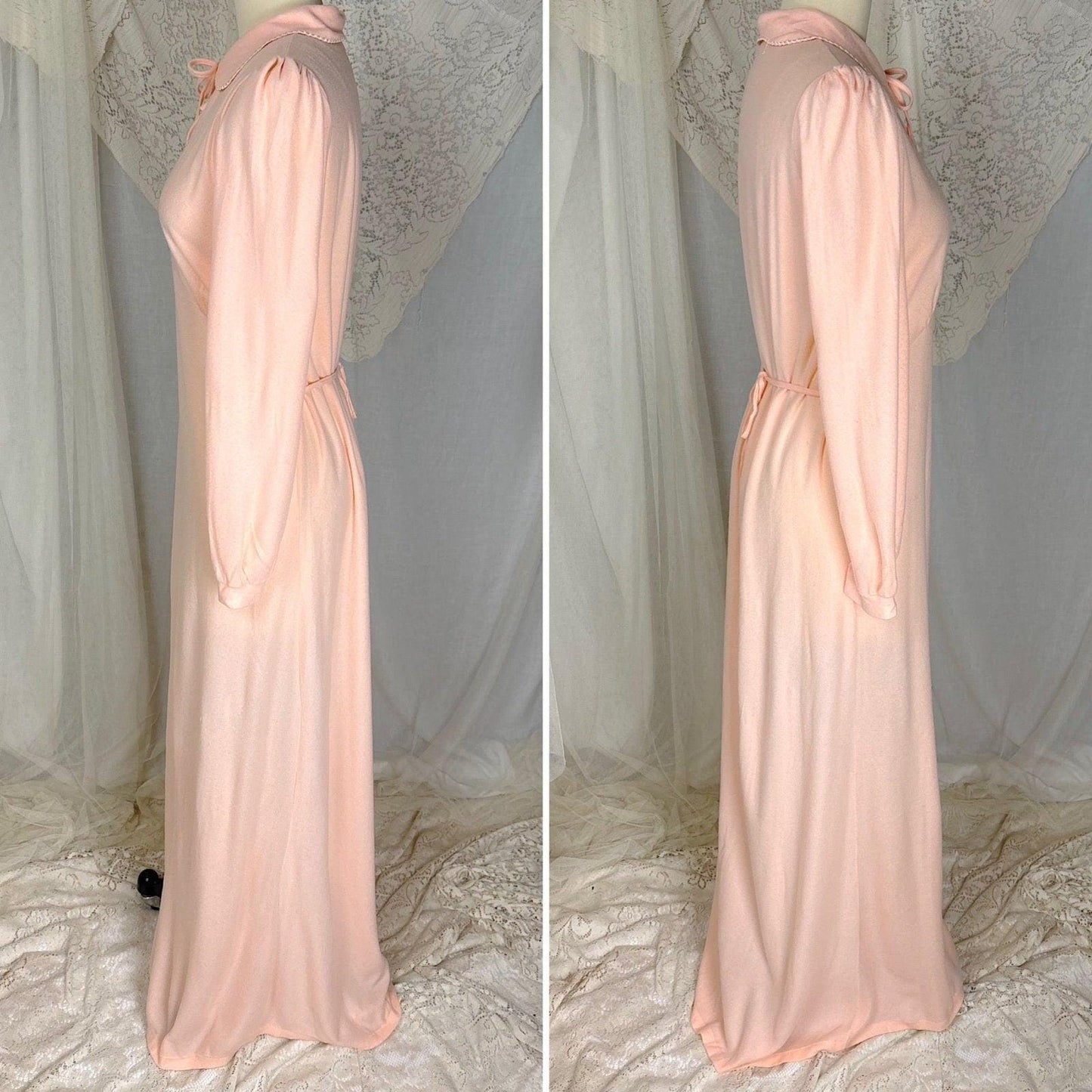 1940's Nightgown - Palest Peach Brushed Rayon with Long Sleeves & Keyhole Neck by Gordon Forest Mills - Daggers & Dames