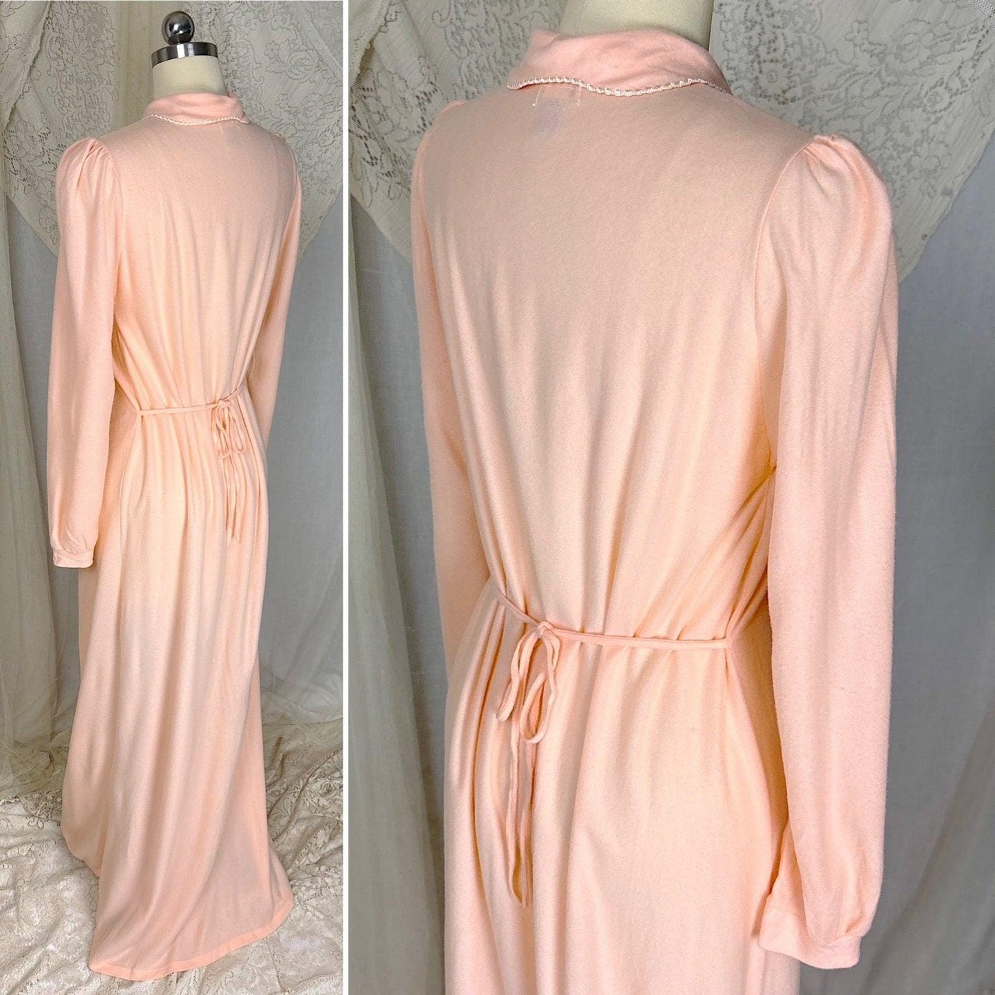 1940's Nightgown - Palest Peach Brushed Rayon with Long Sleeves & Keyhole Neck by Gordon Forest Mills - Daggers & Dames