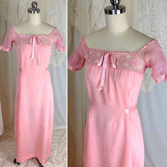 1910's - 1920's Nightgown - Melon Pink Silk Crepe with Crochet Lace Yoke & Silk Ribbon Ties - Daggers & Dames