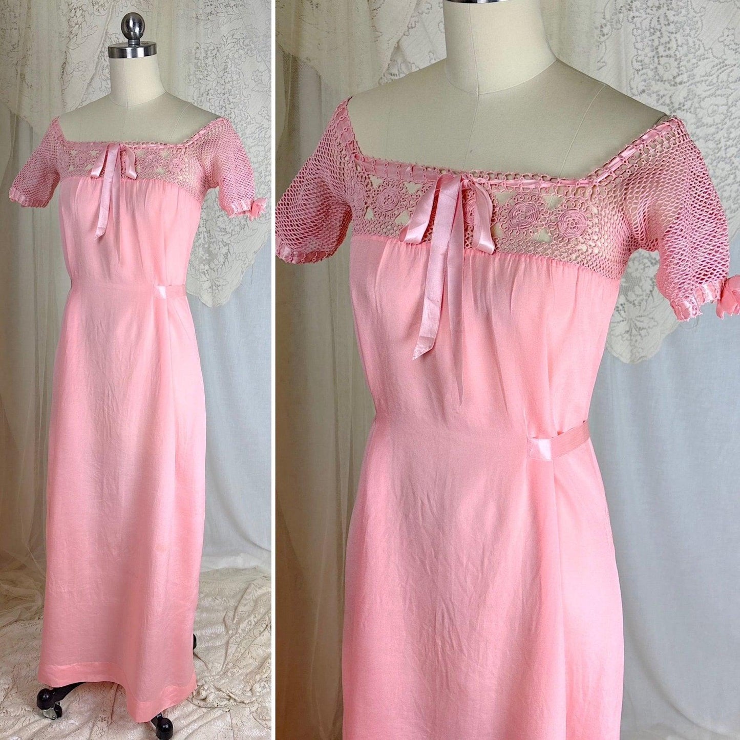 1910's - 1920's Nightgown - Melon Pink Silk Crepe with Crochet Lace Yoke & Silk Ribbon Ties - Daggers & Dames