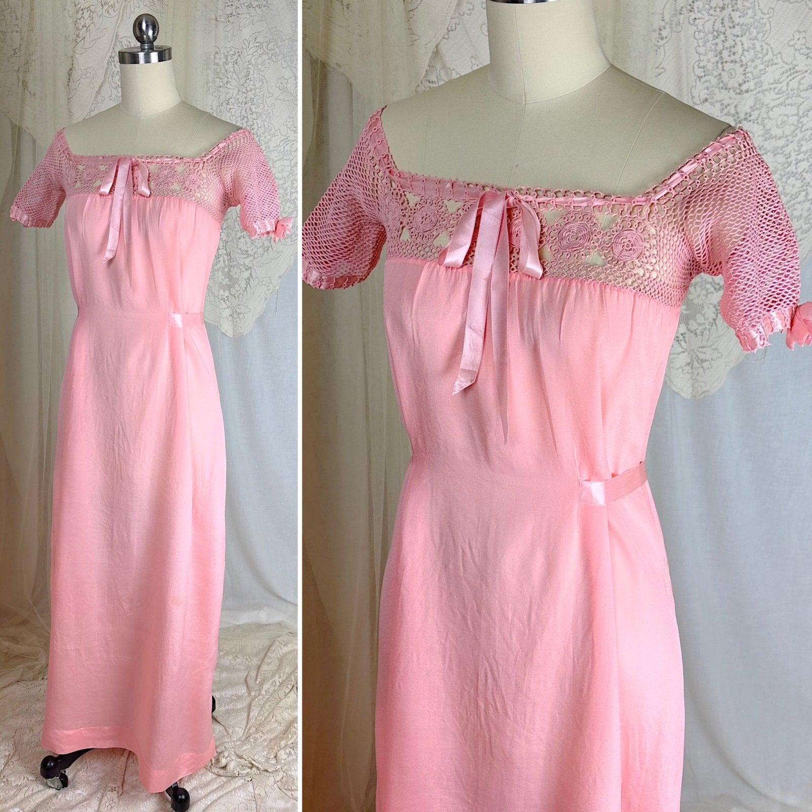 1910's - 1920's Nightgown - Melon Pink Silk Crepe with Crochet Lace Yoke & Silk Ribbon Ties - Daggers & Dames