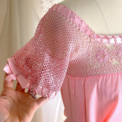 1910's - 1920's Nightgown - Melon Pink Silk Crepe with Crochet Lace Yoke & Silk Ribbon Ties - Daggers & Dames