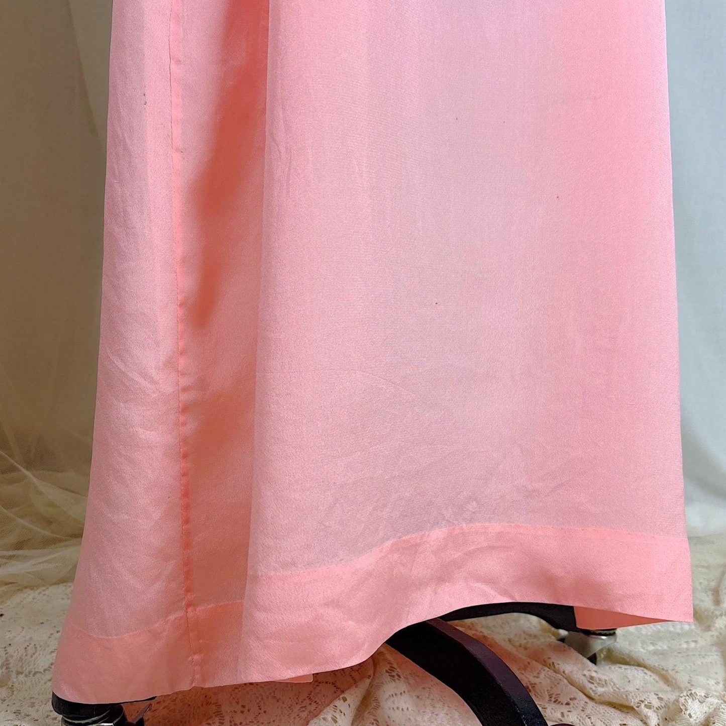 1910's - 1920's Nightgown - Melon Pink Silk Crepe with Crochet Lace Yoke & Silk Ribbon Ties - Daggers & Dames