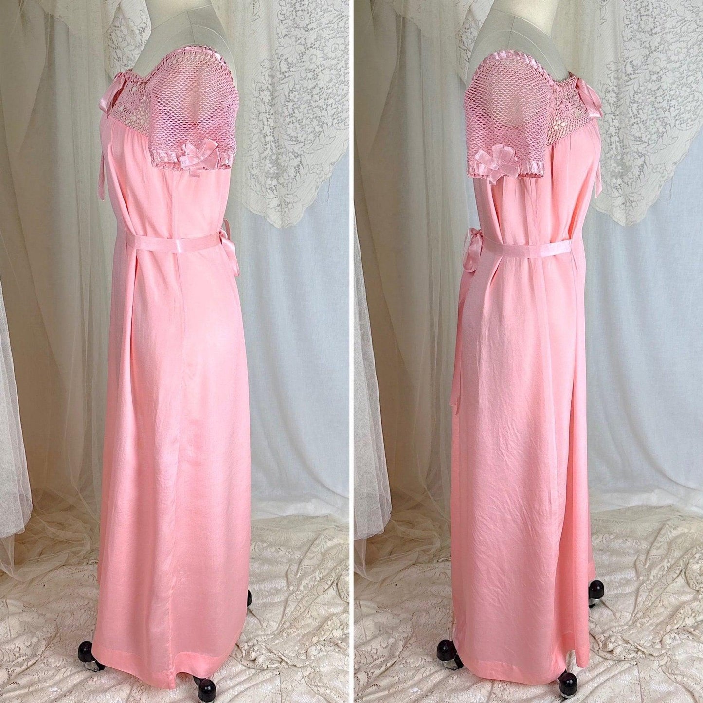 1910's - 1920's Nightgown - Melon Pink Silk Crepe with Crochet Lace Yoke & Silk Ribbon Ties - Daggers & Dames