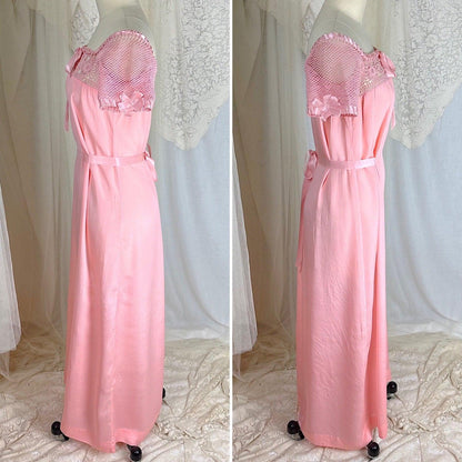 1910's - 1920's Nightgown - Melon Pink Silk Crepe with Crochet Lace Yoke & Silk Ribbon Ties - Daggers & Dames