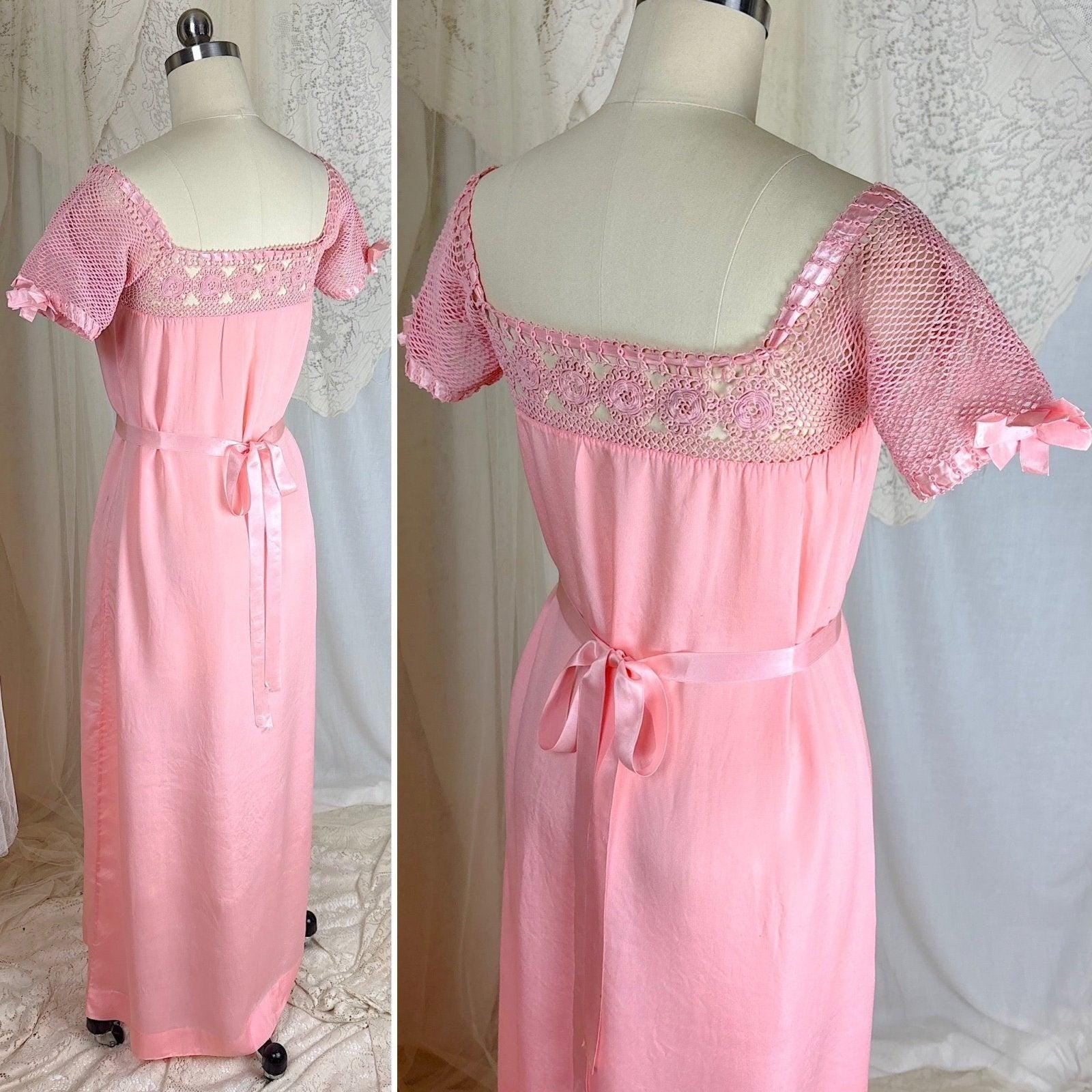1910's - 1920's Nightgown - Melon Pink Silk Crepe with Crochet Lace Yoke & Silk Ribbon Ties - Daggers & Dames