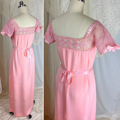 1910's - 1920's Nightgown - Melon Pink Silk Crepe with Crochet Lace Yoke & Silk Ribbon Ties - Daggers & Dames