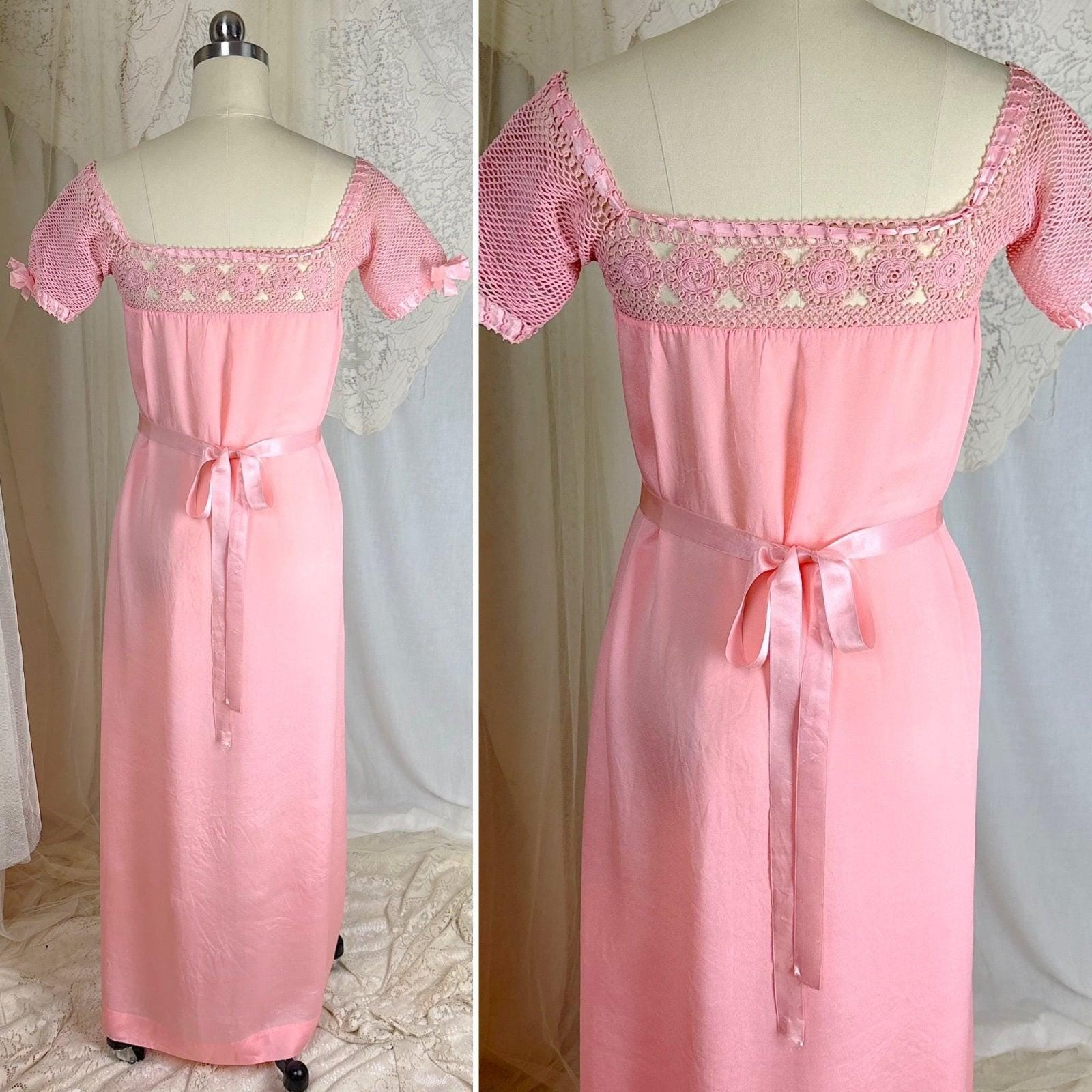 1910's - 1920's Nightgown - Melon Pink Silk Crepe with Crochet Lace Yoke & Silk Ribbon Ties - Daggers & Dames