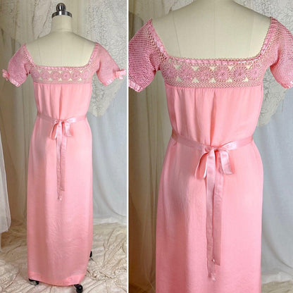 1910's - 1920's Nightgown - Melon Pink Silk Crepe with Crochet Lace Yoke & Silk Ribbon Ties - Daggers & Dames