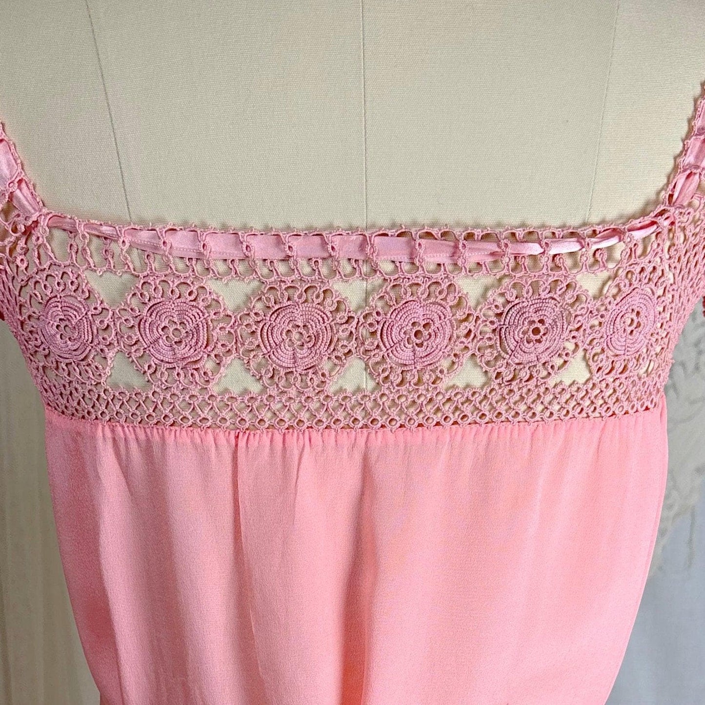 1910's - 1920's Nightgown - Melon Pink Silk Crepe with Crochet Lace Yoke & Silk Ribbon Ties - Daggers & Dames