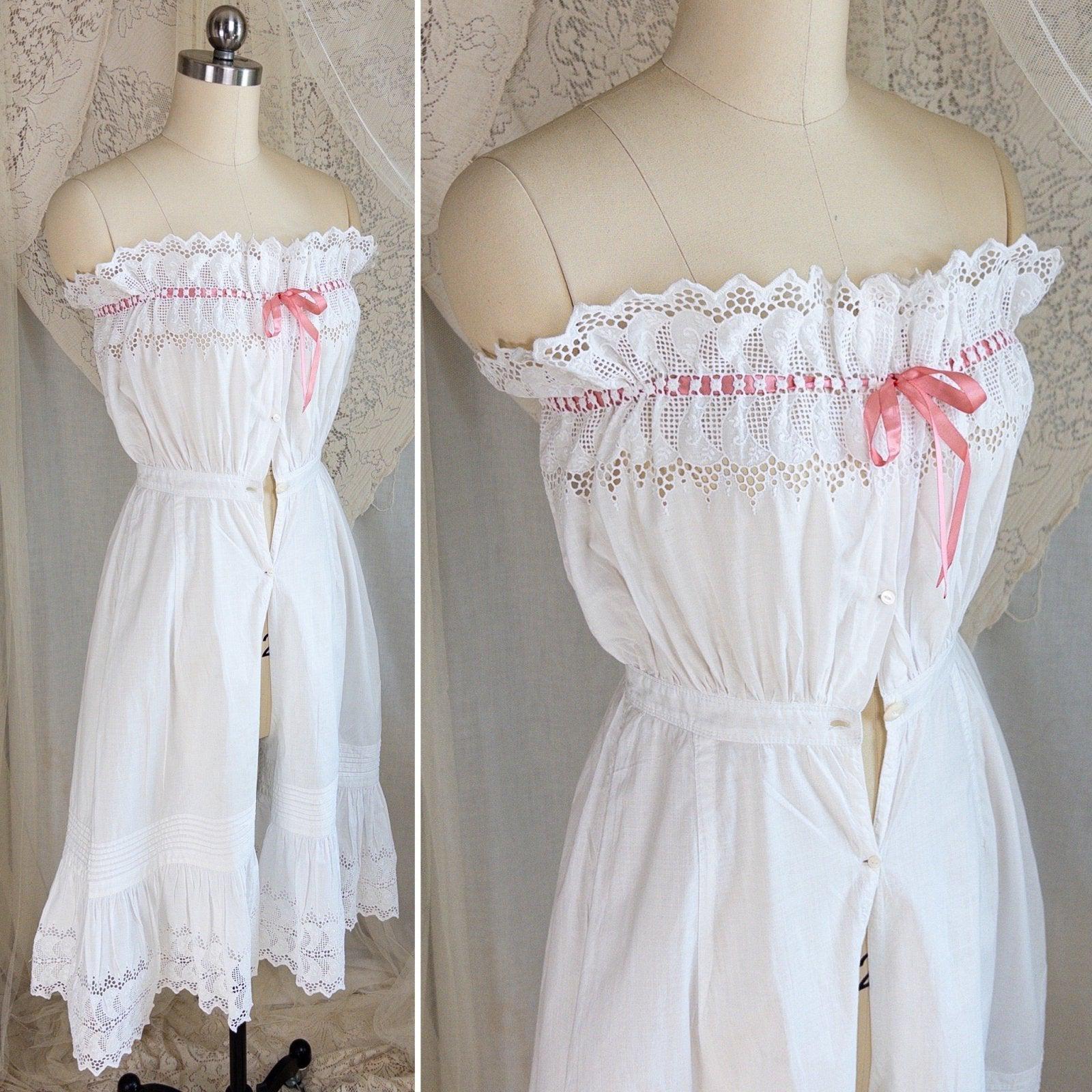 1900's Victorian Era Camiknickers - White Cotton with Elaborate Scalloped Eyelet Lace with Pink Ribbon Drawstring - Daggers & Dames