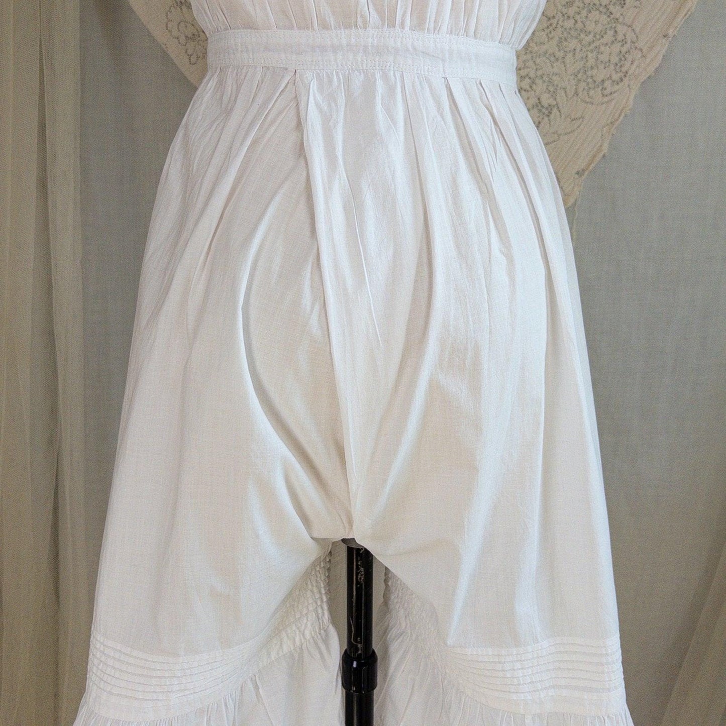 1900's Victorian Era Camiknickers - White Cotton with Elaborate Scalloped Eyelet Lace with Pink Ribbon Drawstring - Daggers & Dames