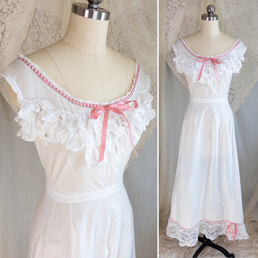 1910's Edwardian Princess Slip - White Cotton with Bobbin Lace Trim & Pink Satin Draswtrings - Daggers & Dames