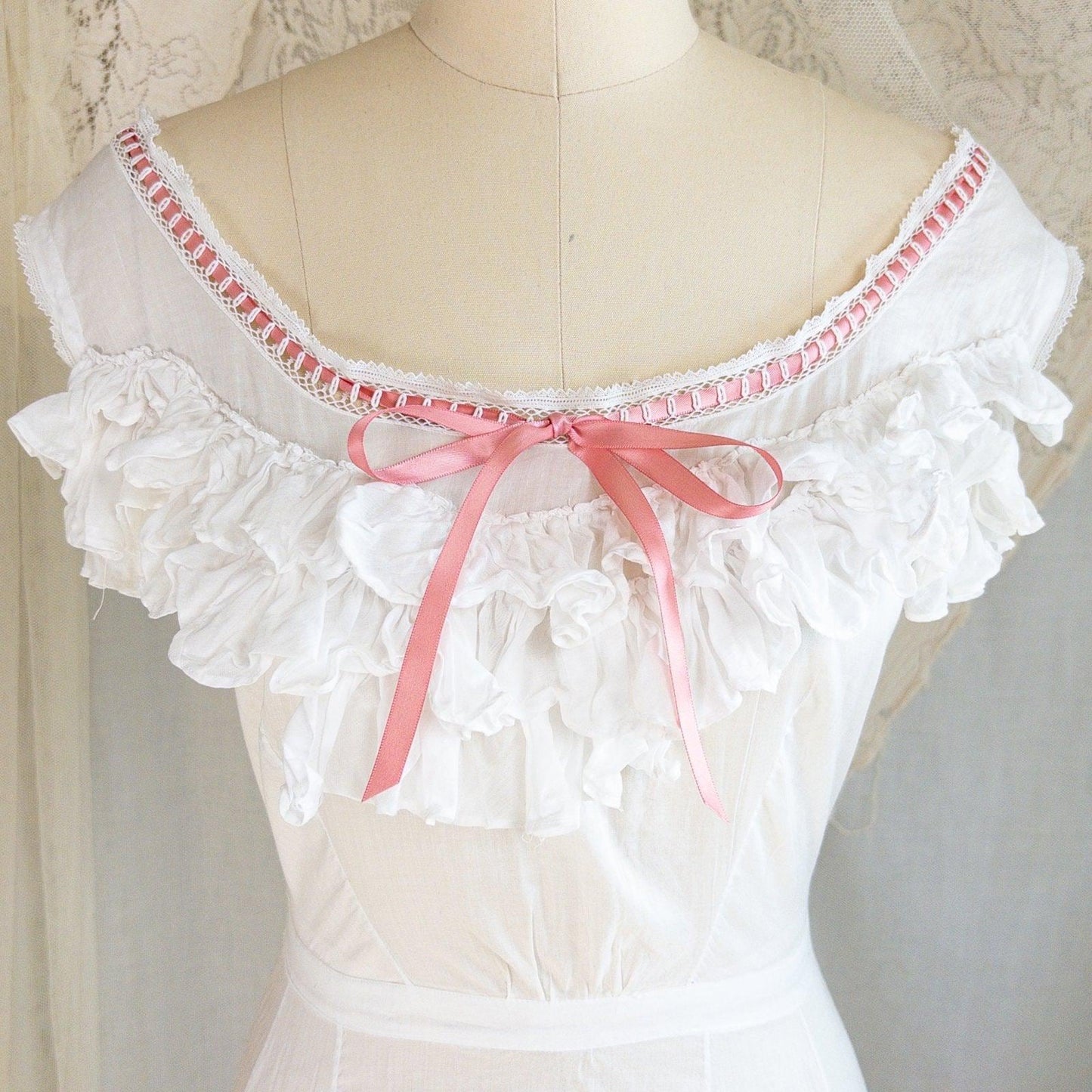1910's Edwardian Princess Slip - White Cotton with Bobbin Lace Trim & Pink Satin Draswtrings - Daggers & Dames