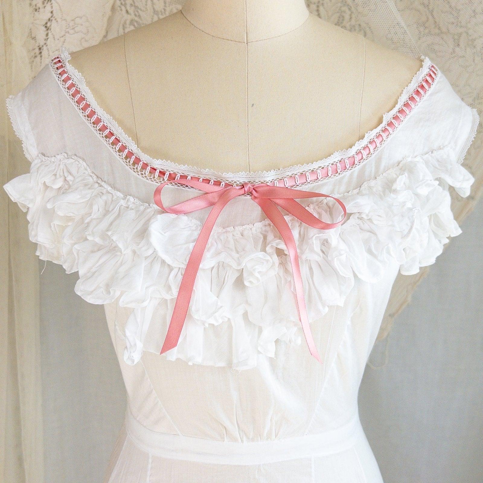 1910's Edwardian Princess Slip - White Cotton with Bobbin Lace Trim & Pink Satin Draswtrings - Daggers & Dames