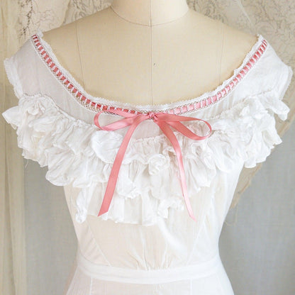 1910's Edwardian Princess Slip - White Cotton with Bobbin Lace Trim & Pink Satin Draswtrings - Daggers & Dames