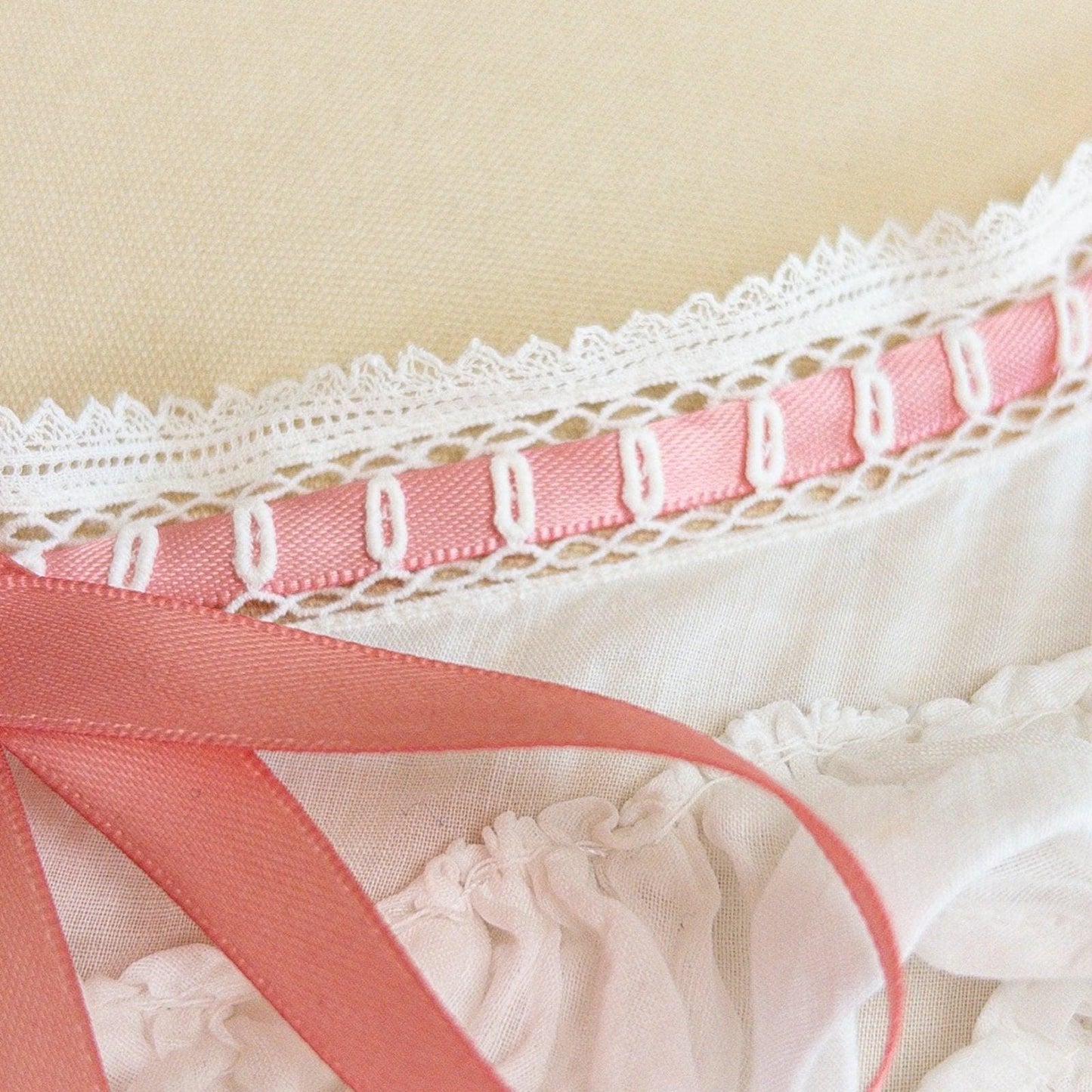1910's Edwardian Princess Slip - White Cotton with Bobbin Lace Trim & Pink Satin Draswtrings - Daggers & Dames