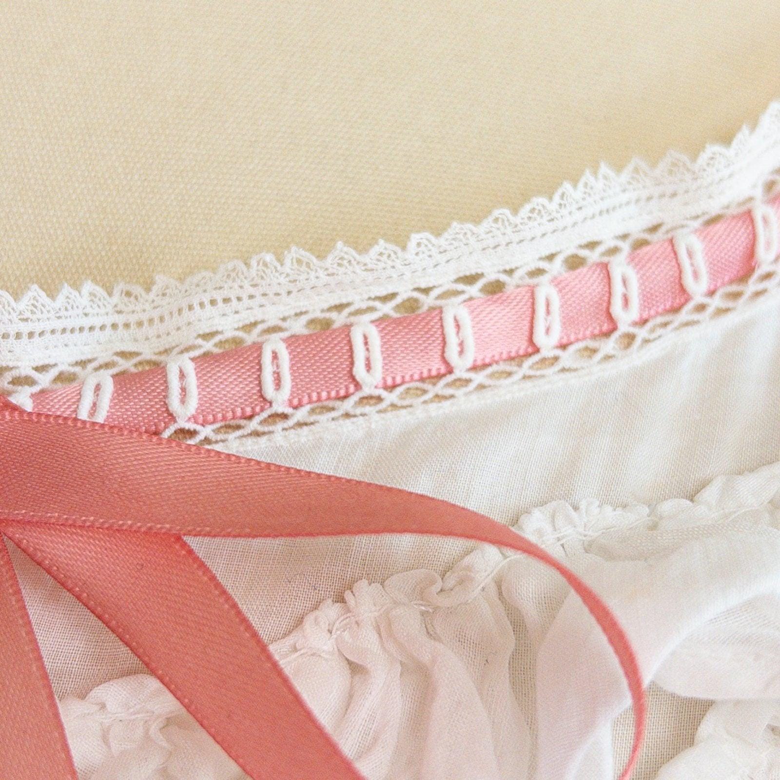 1910's Edwardian Princess Slip - White Cotton with Bobbin Lace Trim & Pink Satin Draswtrings - Daggers & Dames