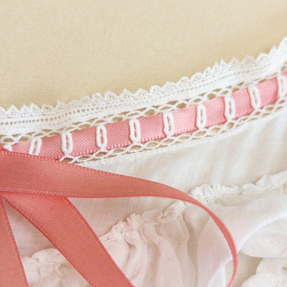 1910's Edwardian Princess Slip - White Cotton with Bobbin Lace Trim & Pink Satin Draswtrings - Daggers & Dames