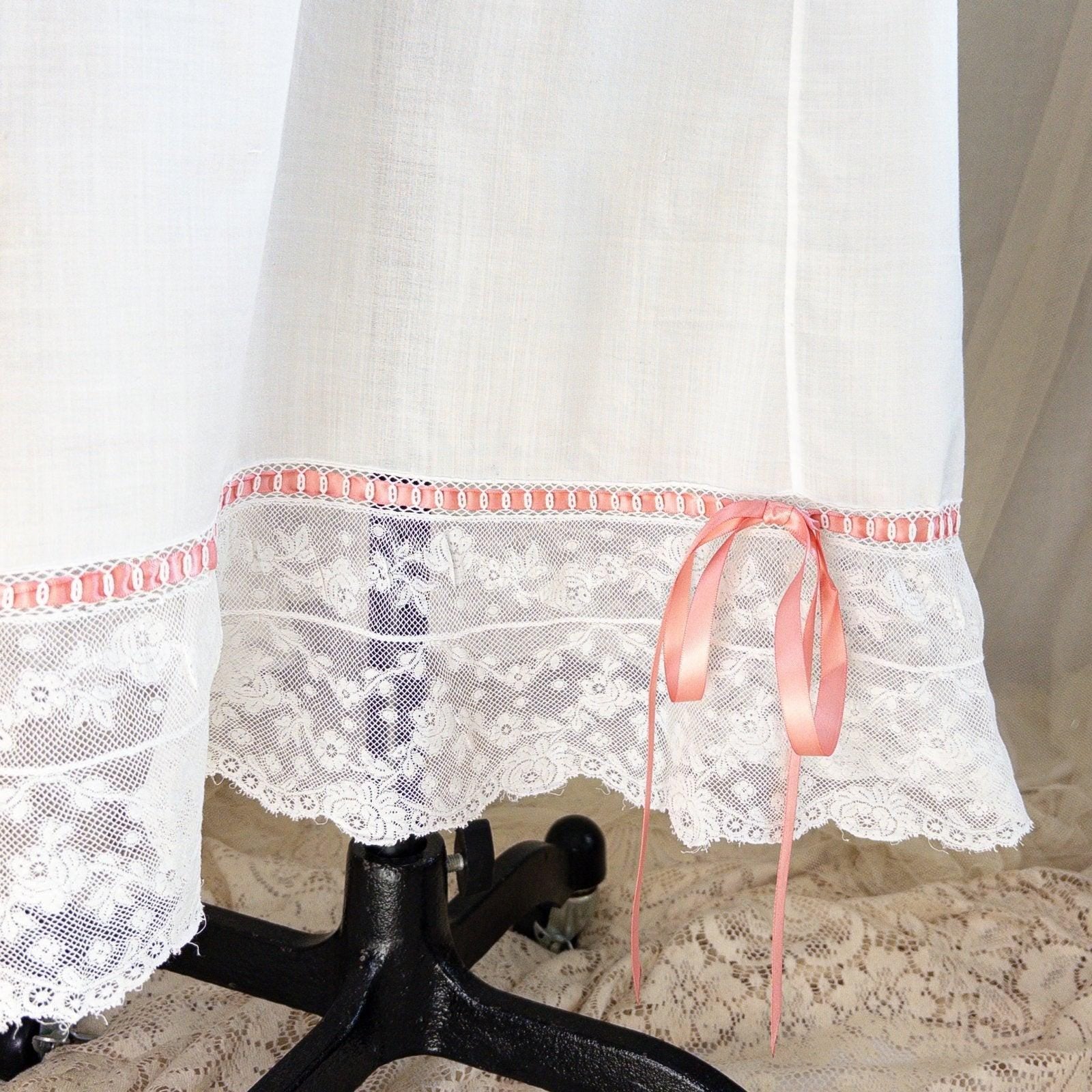 1910's Edwardian Princess Slip - White Cotton with Bobbin Lace Trim & Pink Satin Draswtrings - Daggers & Dames
