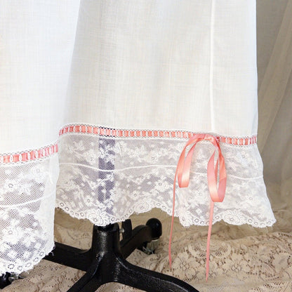 1910's Edwardian Princess Slip - White Cotton with Bobbin Lace Trim & Pink Satin Draswtrings - Daggers & Dames