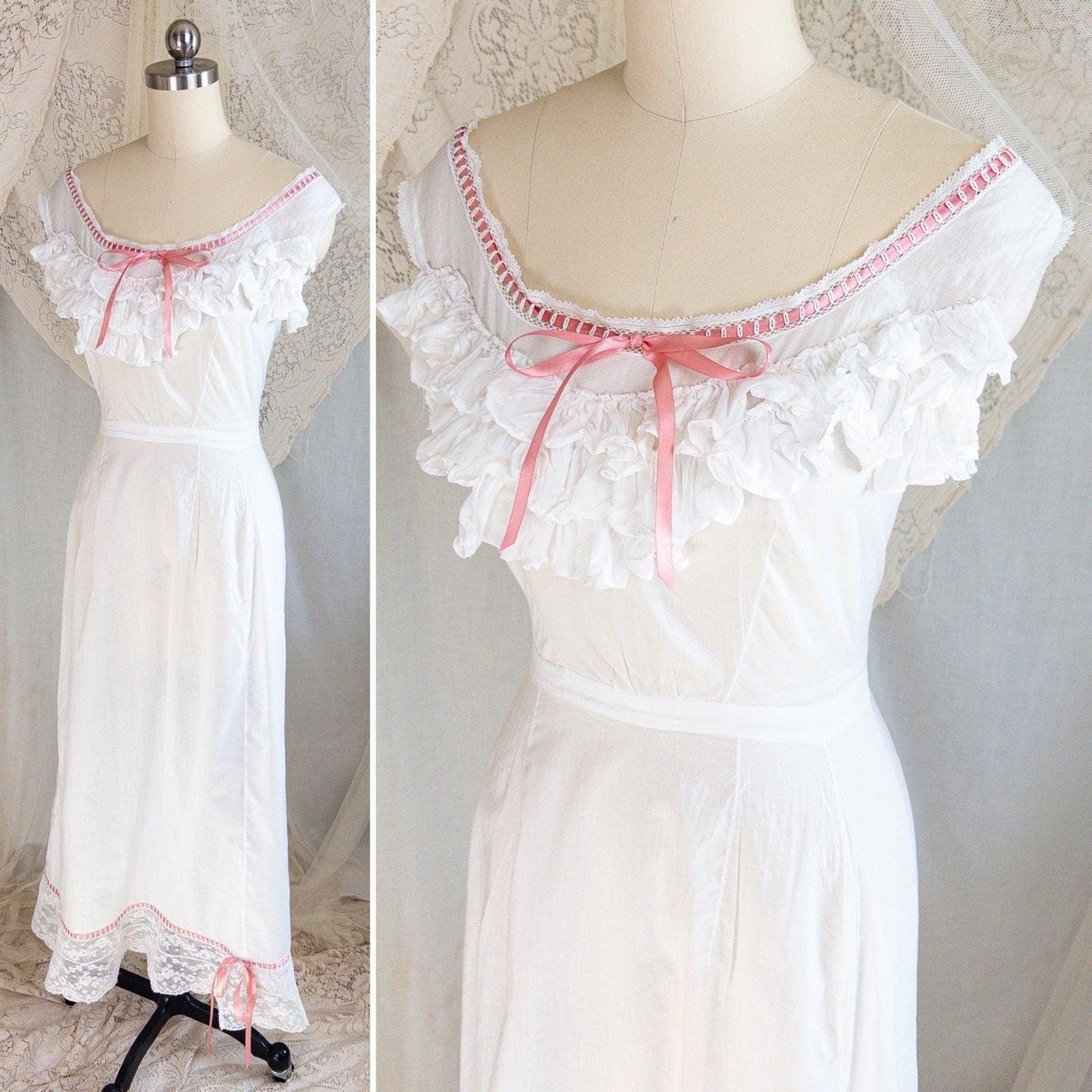 1910's Edwardian Princess Slip - White Cotton with Bobbin Lace Trim & Pink Satin Draswtrings - Daggers & Dames