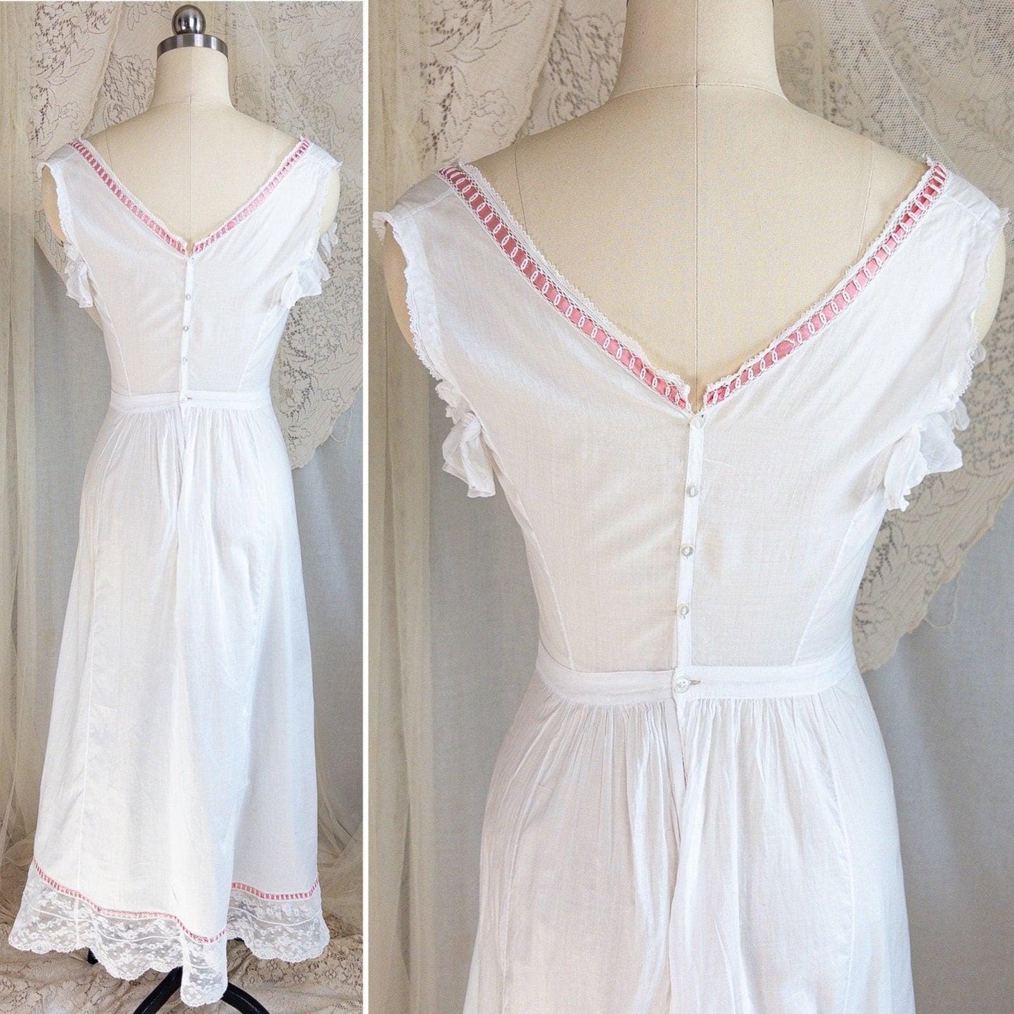 1910's Edwardian Princess Slip - White Cotton with Bobbin Lace Trim & Pink Satin Draswtrings - Daggers & Dames