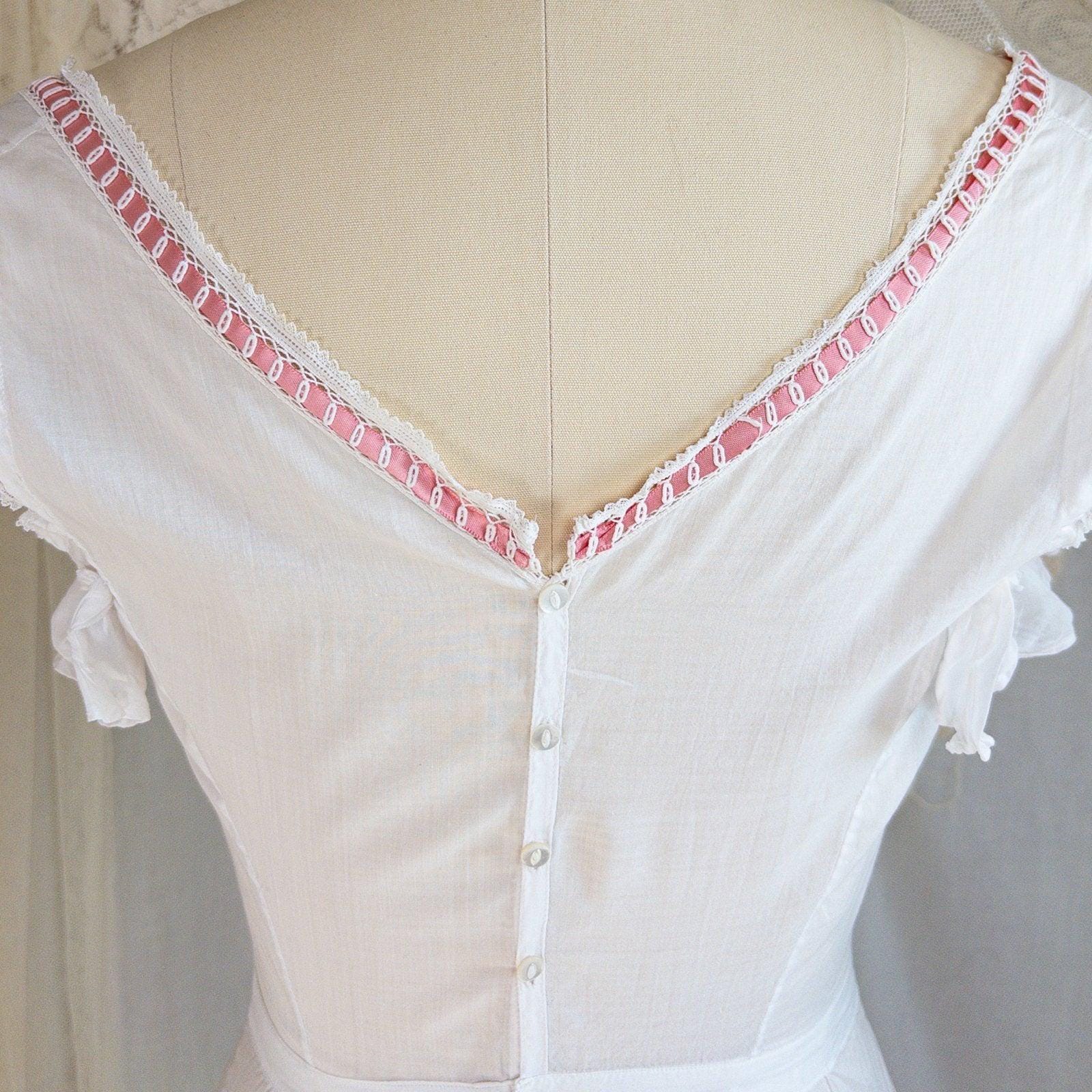1910's Edwardian Princess Slip - White Cotton with Bobbin Lace Trim & Pink Satin Draswtrings - Daggers & Dames