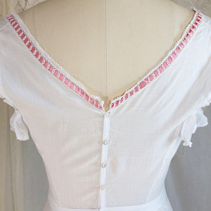 1910's Edwardian Princess Slip - White Cotton with Bobbin Lace Trim & Pink Satin Draswtrings - Daggers & Dames