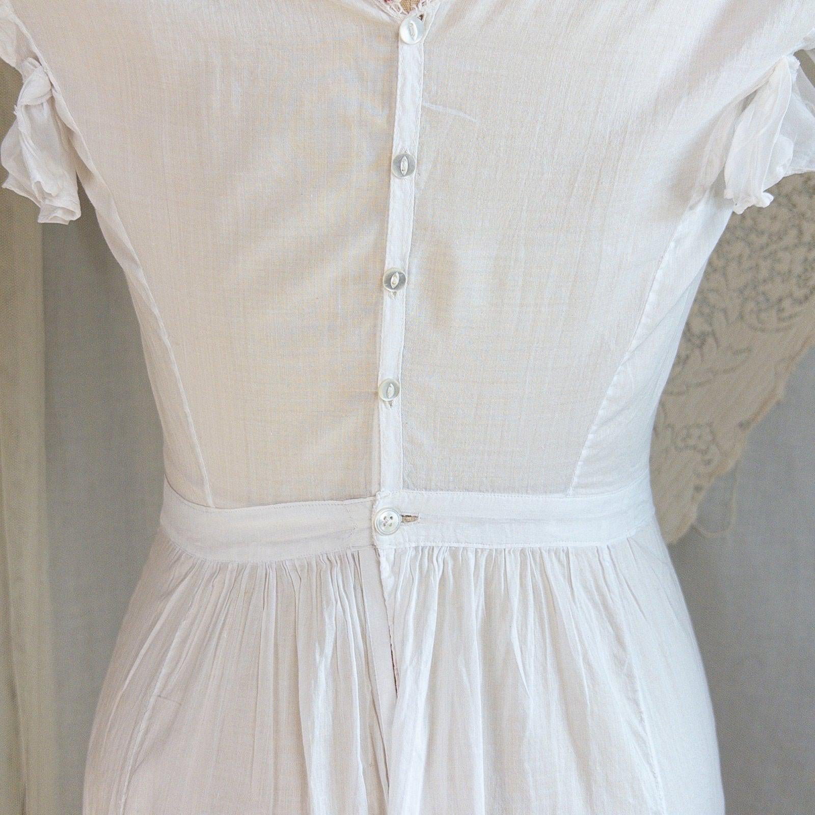 1910's Edwardian Princess Slip - White Cotton with Bobbin Lace Trim & Pink Satin Draswtrings - Daggers & Dames
