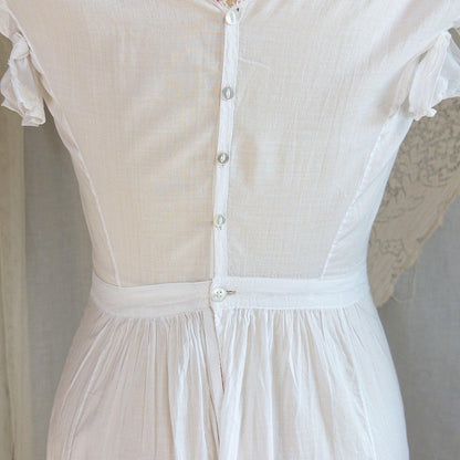 1910's Edwardian Princess Slip - White Cotton with Bobbin Lace Trim & Pink Satin Draswtrings - Daggers & Dames
