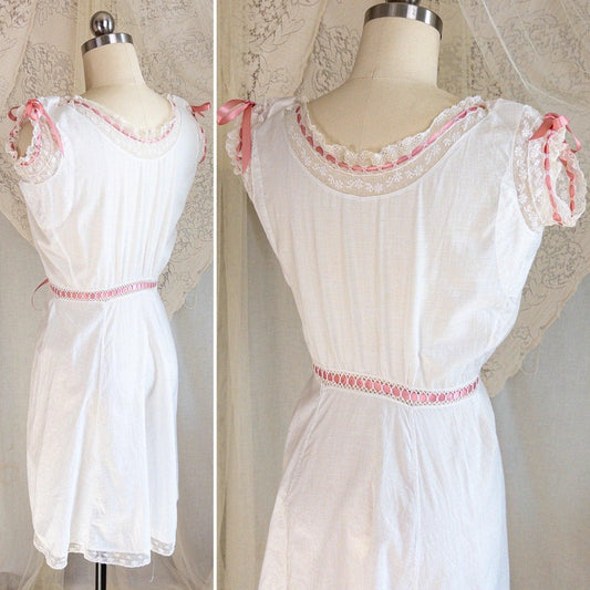 1900's Victorian Era Camiknickers - Soft White Cotton Lawn with Bobbin Lace & Pink Ribbon Drawstrings - Daggers & Dames