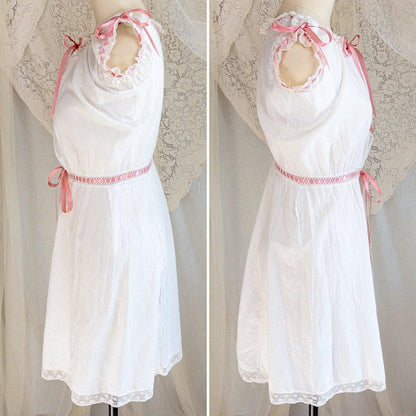 1900's Victorian Era Camiknickers - Soft White Cotton Lawn with Bobbin Lace & Pink Ribbon Drawstrings - Daggers & Dames