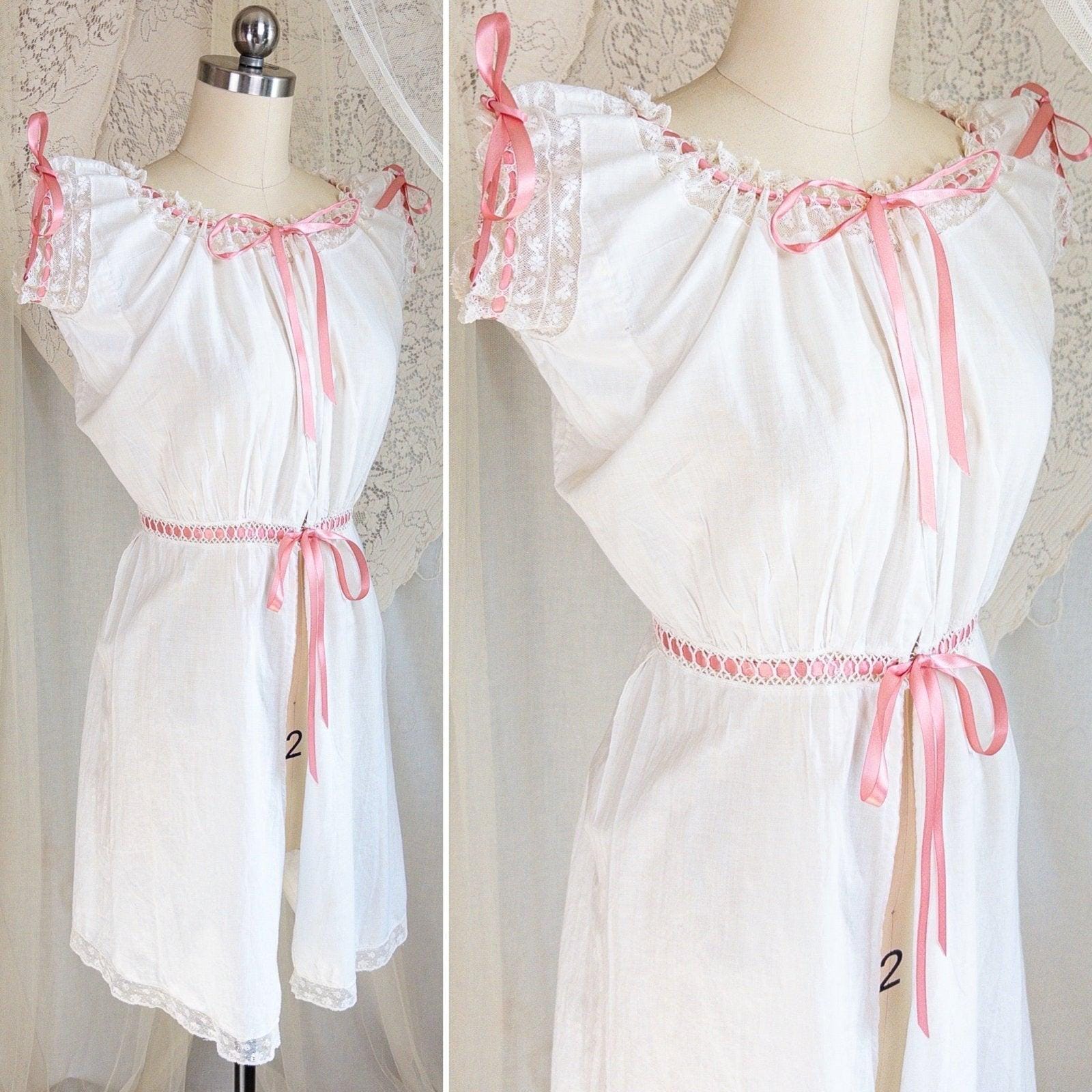 1900's Victorian Era Camiknickers - Soft White Cotton Lawn with Bobbin Lace & Pink Ribbon Drawstrings - Daggers & Dames