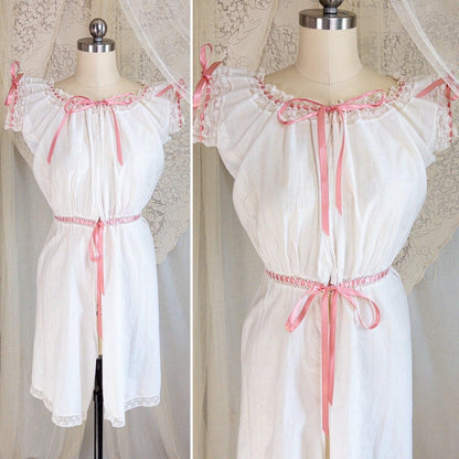 1900's Victorian Era Camiknickers - Soft White Cotton Lawn with Bobbin Lace & Pink Ribbon Drawstrings - Daggers & Dames