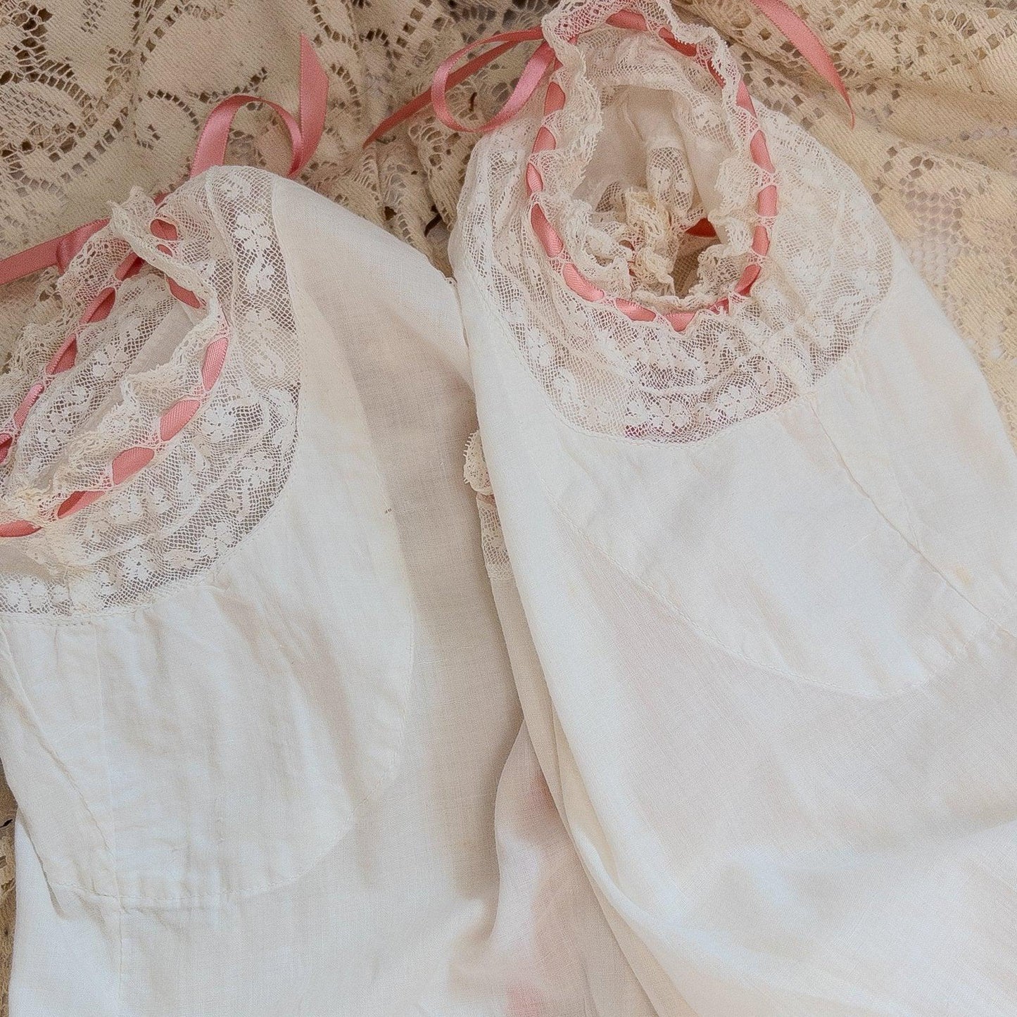 1900's Victorian Era Camiknickers - Soft White Cotton Lawn with Bobbin Lace & Pink Ribbon Drawstrings - Daggers & Dames