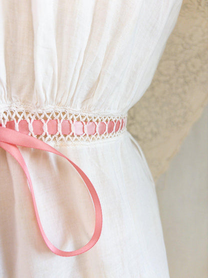 1900's Victorian Era Camiknickers - Soft White Cotton Lawn with Bobbin Lace & Pink Ribbon Drawstrings - Daggers & Dames