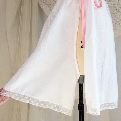 1900's Victorian Era Camiknickers - Soft White Cotton Lawn with Bobbin Lace & Pink Ribbon Drawstrings - Daggers & Dames