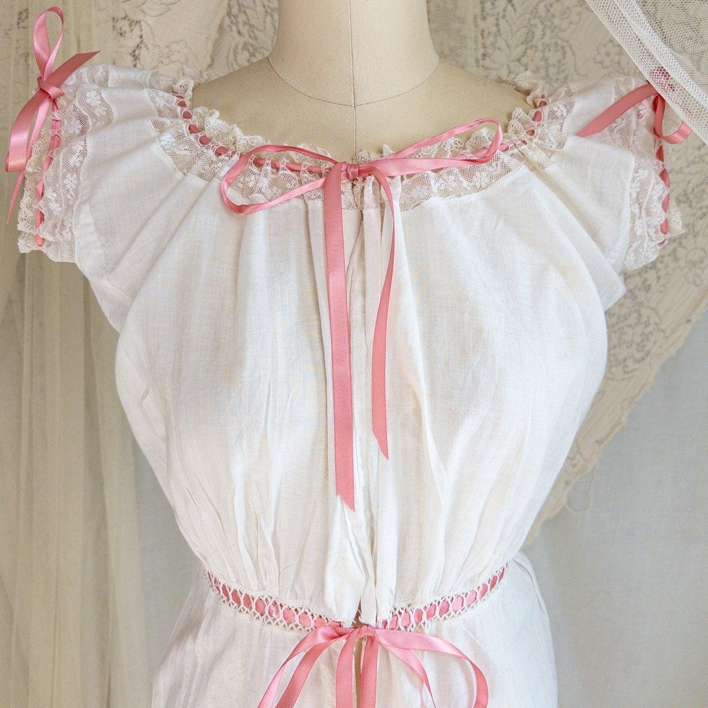 1900's Victorian Era Camiknickers - Soft White Cotton Lawn with Bobbin Lace & Pink Ribbon Drawstrings - Daggers & Dames