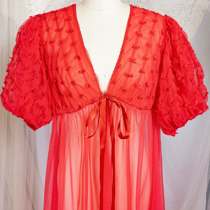1960s Peignoir Robe - Sheer Rose Red Nylon Chiffon with Puffed Sleeves & Ribbon Bow Detail